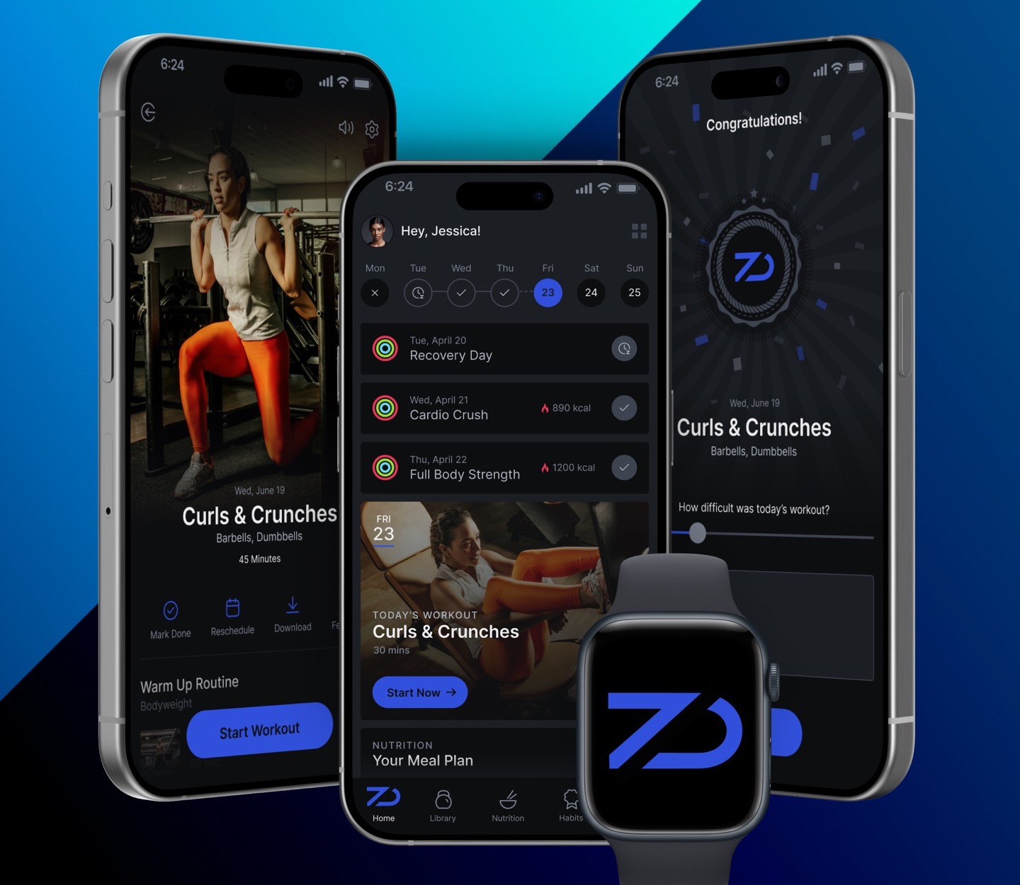 The ZD Fitness coaching app on two phones and a watch, showing the weekly schedule, today's workout and a workout summary